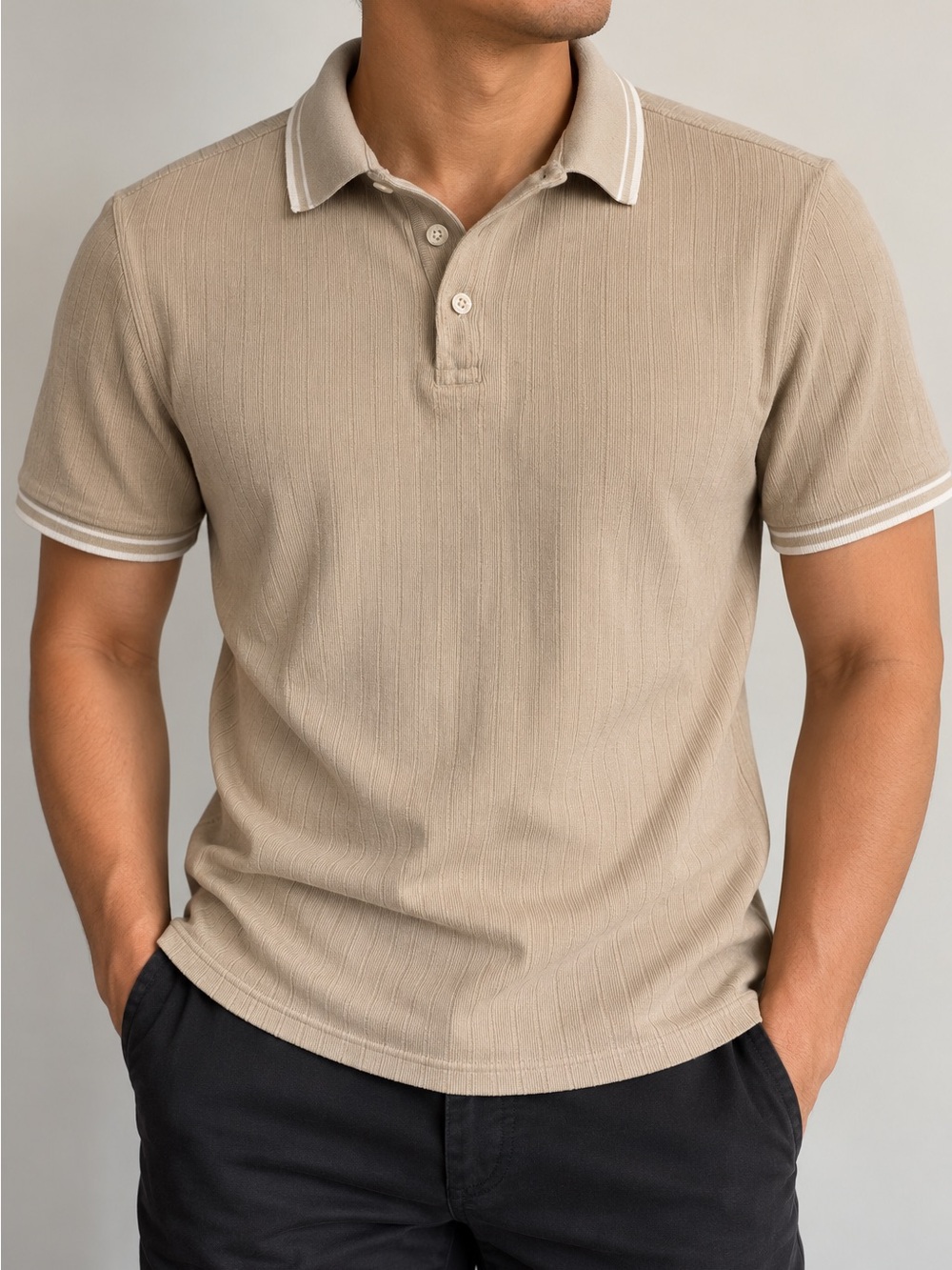 GUESS Men’s Ribbed Knit Tipped Polo Beige Size L 100% Cotton